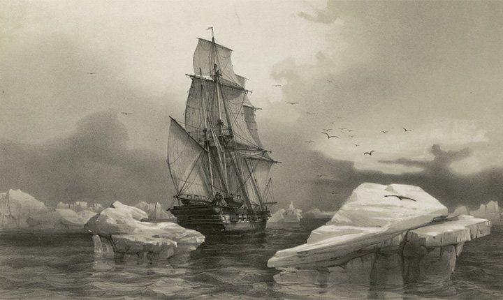 Tegning av seilskute og isfjell