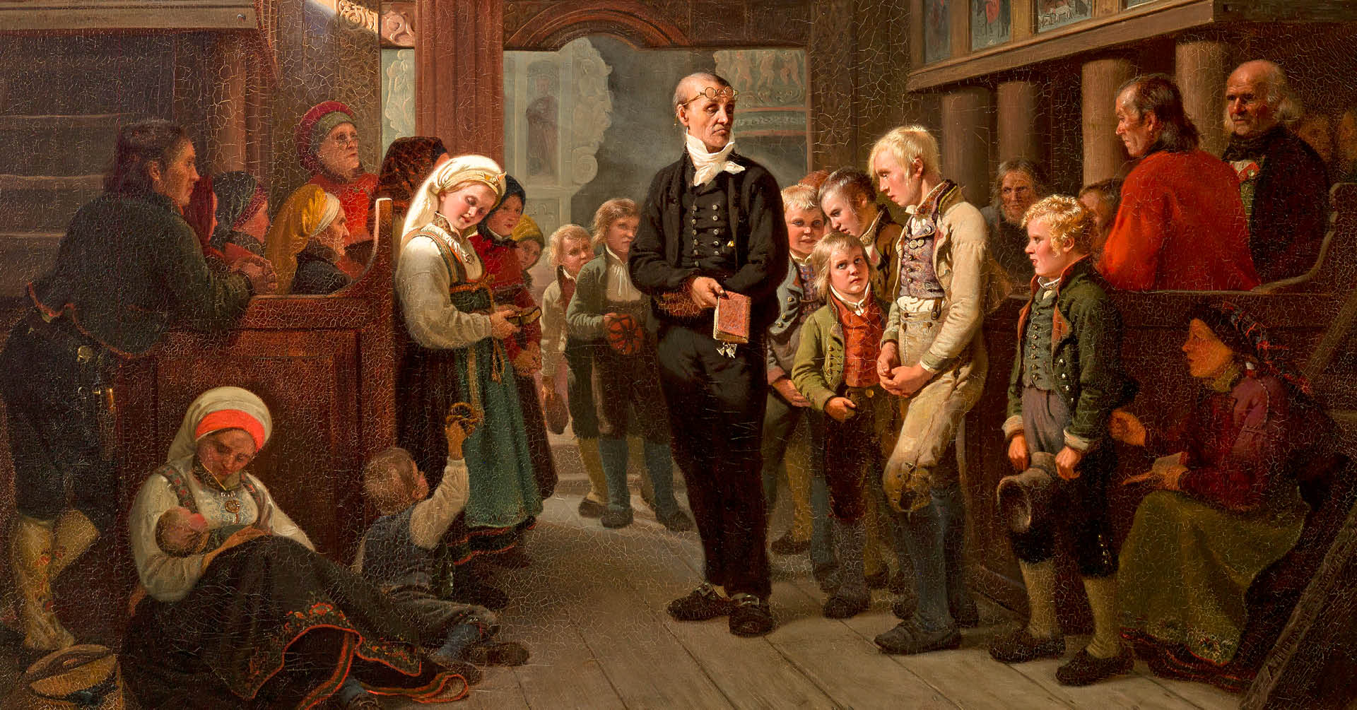 Adolph Tiedemands maleri, "Katekisasjon i en norsk landskirke"