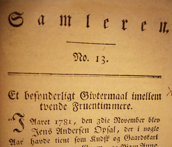 Bilde av en side i tidsskriftet "Samleren" som beskriver historien om Norges første samkjønnede ekteskap.