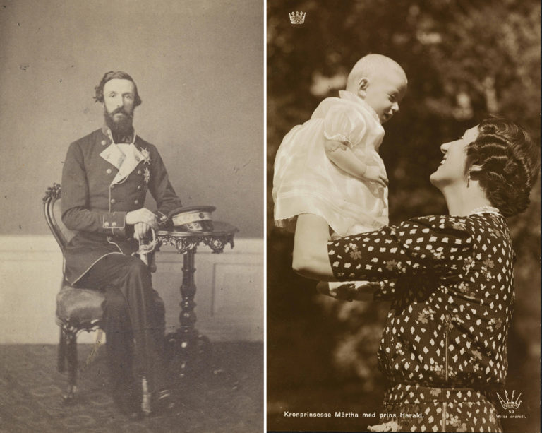Venstre: Mann stirrer i kameraet. Sittende på stol. hatt på bord. Uniform. Høyre: Kvinne holder baby i blondekjole over hodet, fra siden. Smiler.