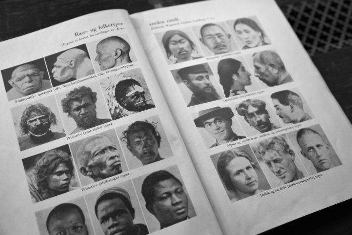 Dobbeltside i bok, bilder av rasetyper, 8 forskjellige typer med portrettfotografier