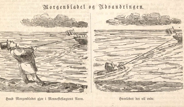 Illustrasjon, mann som forsøker å holde igjen et skip med amerikansk flagg