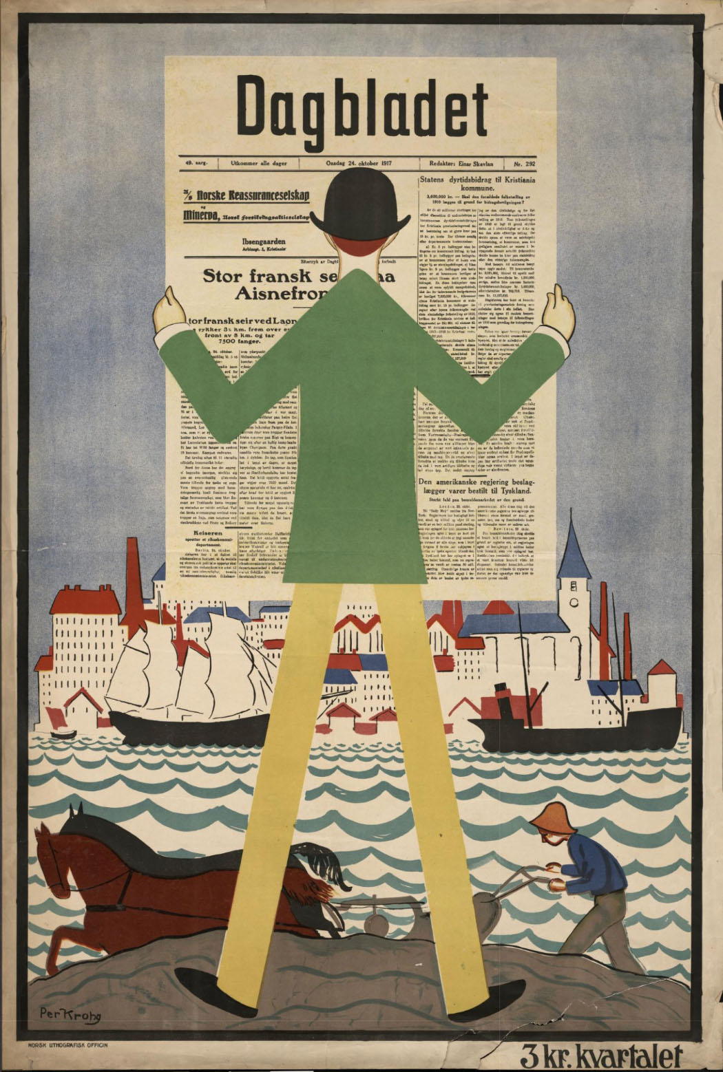 Grafisk stilren plakat av ryggen på en mann i hatt, grønn jakke og gule bukser som holder Dagbladet i storformat. Landskap med by, sjø og bonde med hest og plog framfor mannen