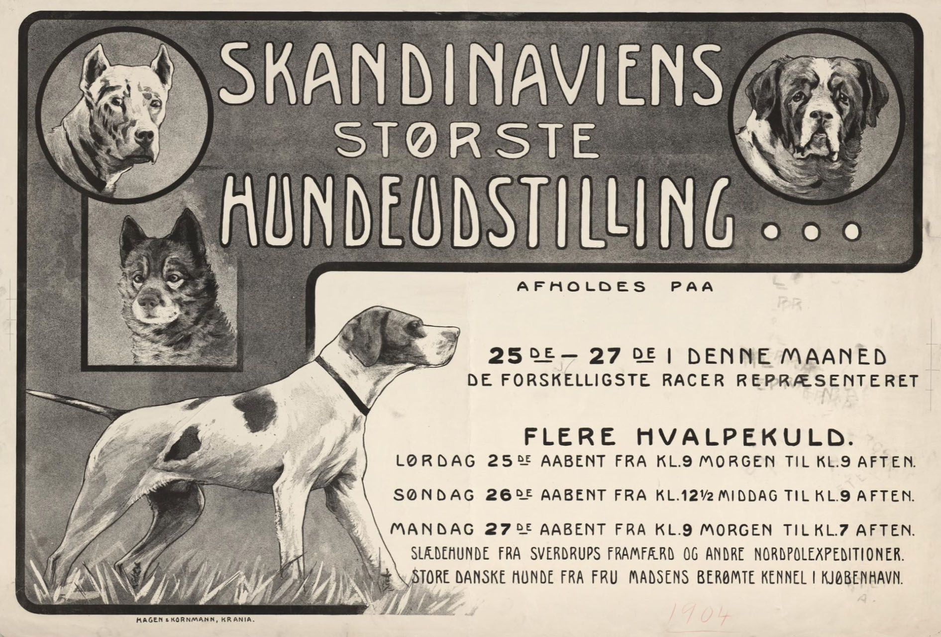 Svart/hvit peklameplakat for Skandinaviens største hundeutstilling med illustrasjoner av flere typer hunder