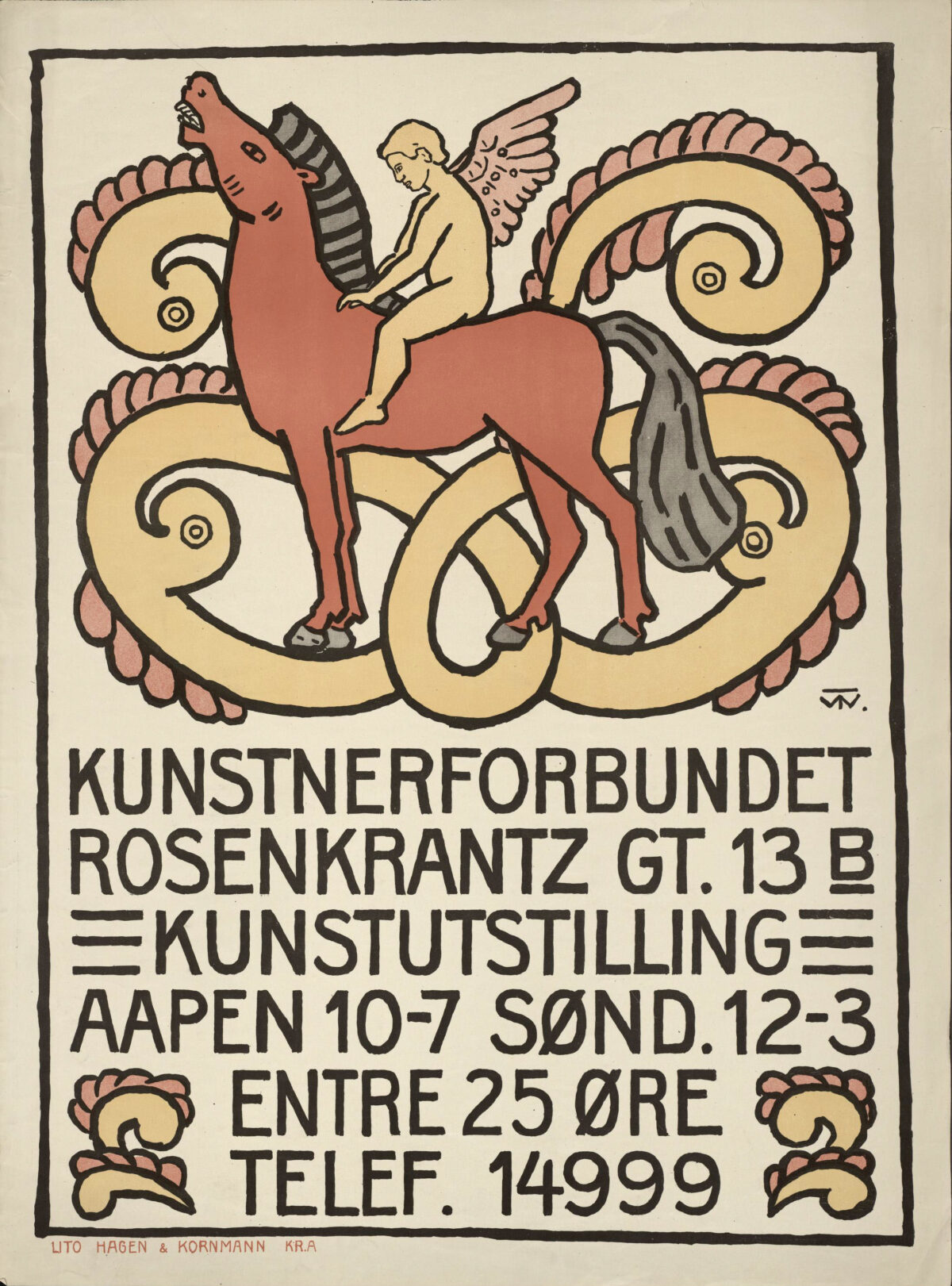 Illustrasjon av engel på rød hest med figurborder og tekst for kunstutstilling hos Kunstnerforbundet