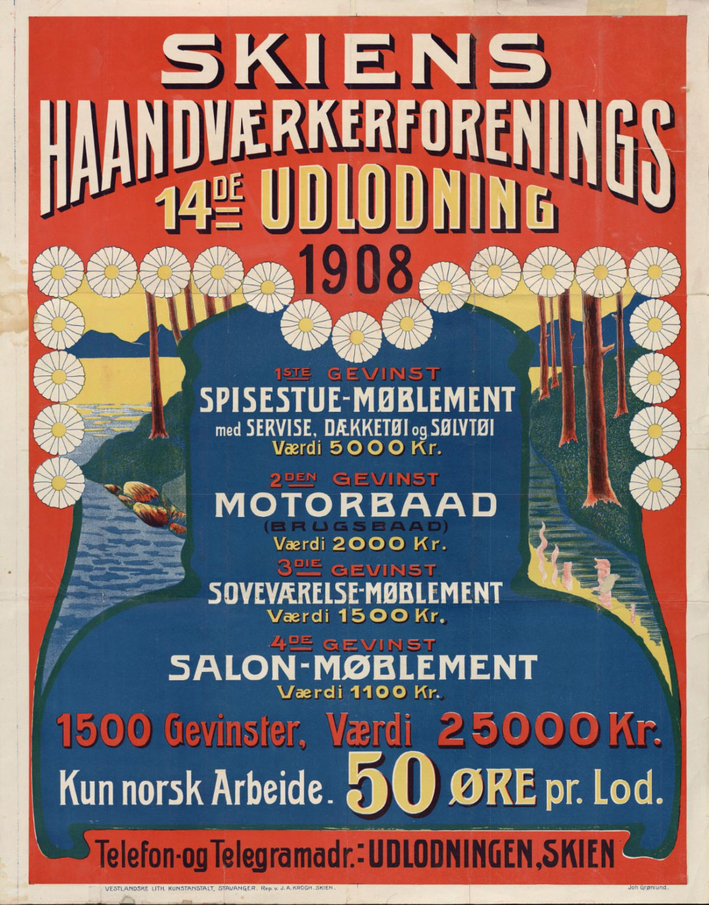 Fargerik plakat med mye tekst, om lotteriet til Skiens Handværkerforening i 1908