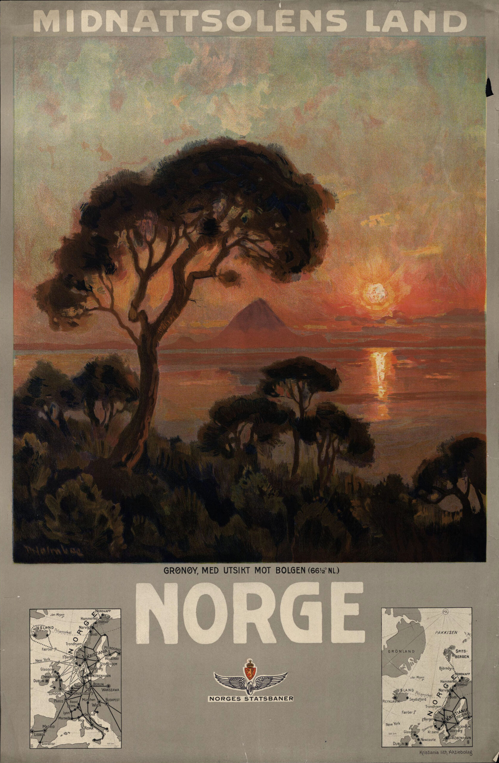 Illustrasjon av trær i forgrunnen, havlandskap med fjell og rød sol, tekst Midnattsolens land - Norge - to kart nederst som viser hvor Norge ligger i Europa og Norskehavet