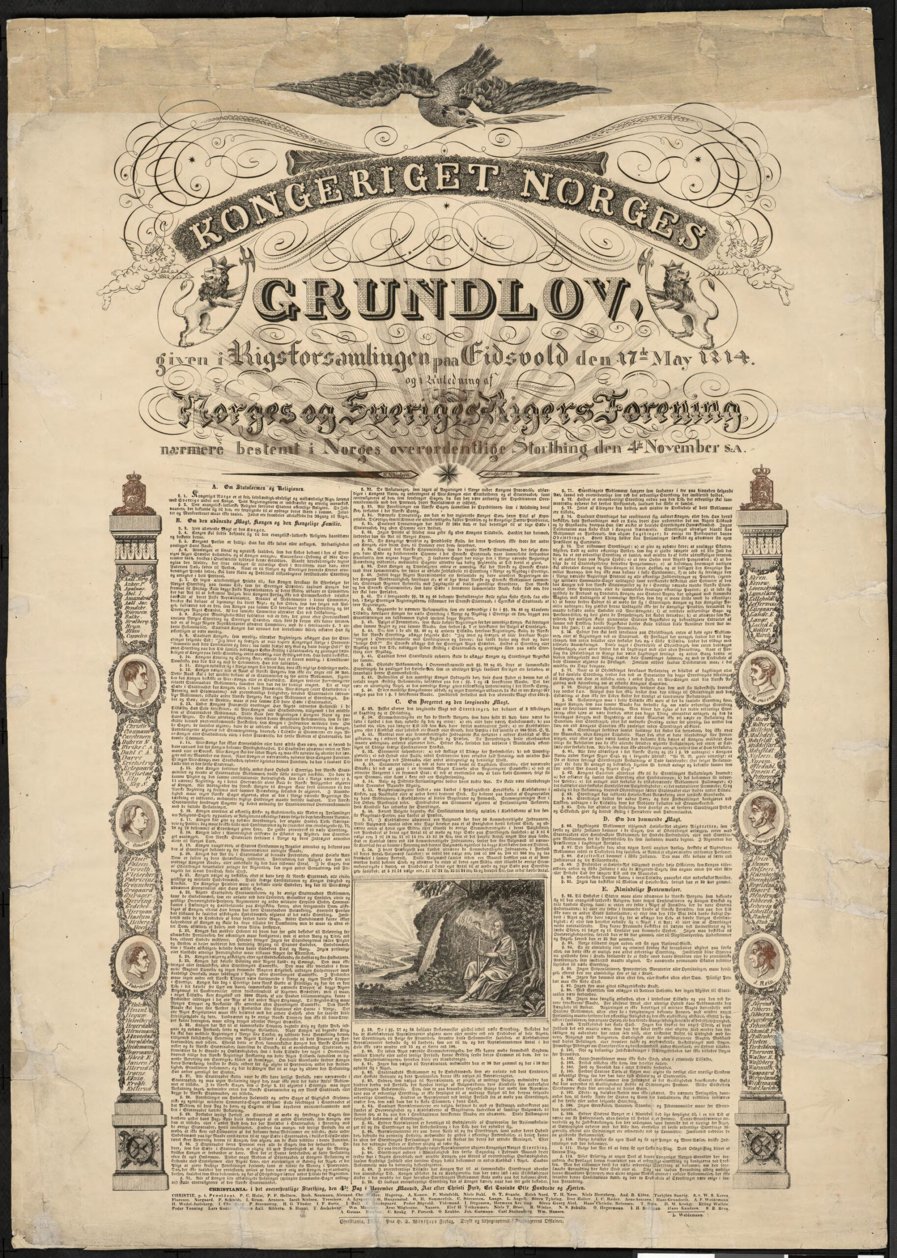 Grunnlovsplakat fra 1837 - tekst og mye ornamentikk