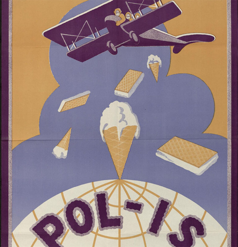 Utsnitt av illustrert plakat for Pol-is. Dobbeldekkerfly slipper ispinner og sandwich-is over en klode med logoen Pol-is