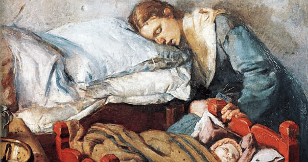 Maleri av en kvinne som sover sittende ved siden av en baby som også sover godt i krybben sin