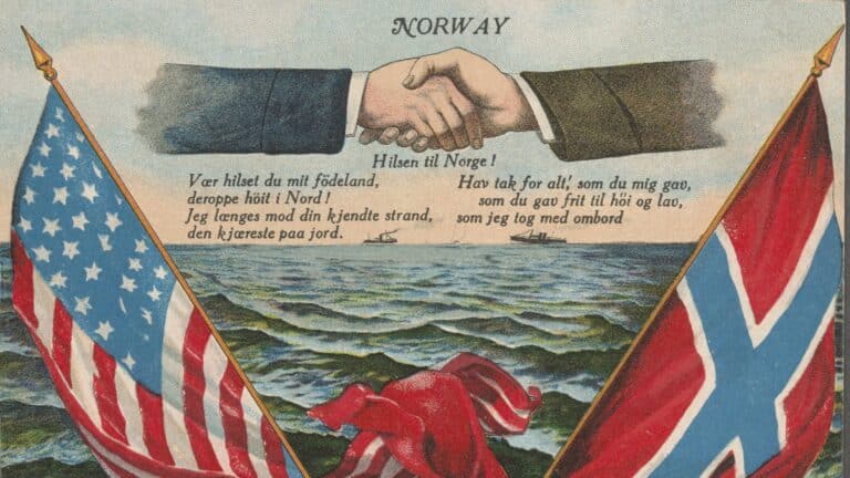 En håndhilsning. Under vises et amerikansk og et norsk flagg som tvinnes sammen over et hav.