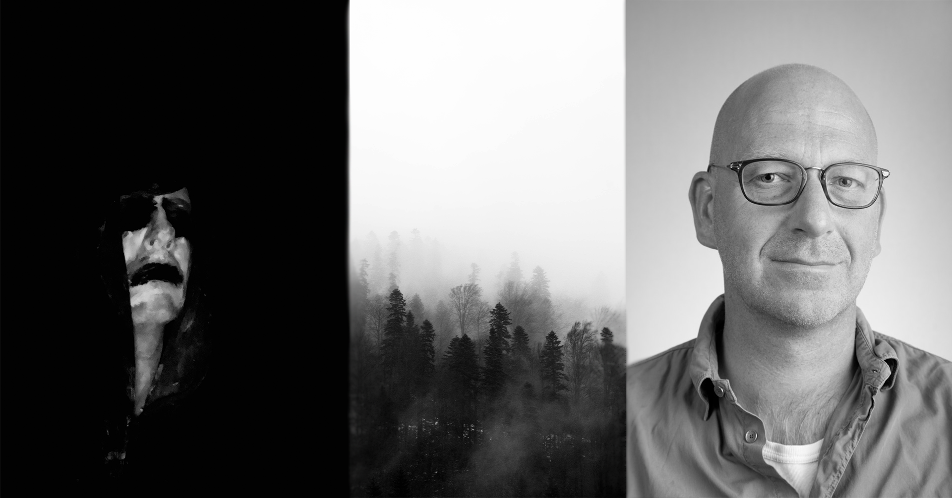 Svart hvitt bilde av en artist med sort kappe og sminke, et illustrasjonsbilde av en skog og en mann som smiler mot kamera