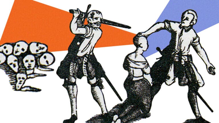 Illustrasjon, mann med langsverd løftet til hugg i helfigur til venstre, knelende mann i midten, oppreist mann som holder hodet til den knelende mannen løftet etter håret til høyre.