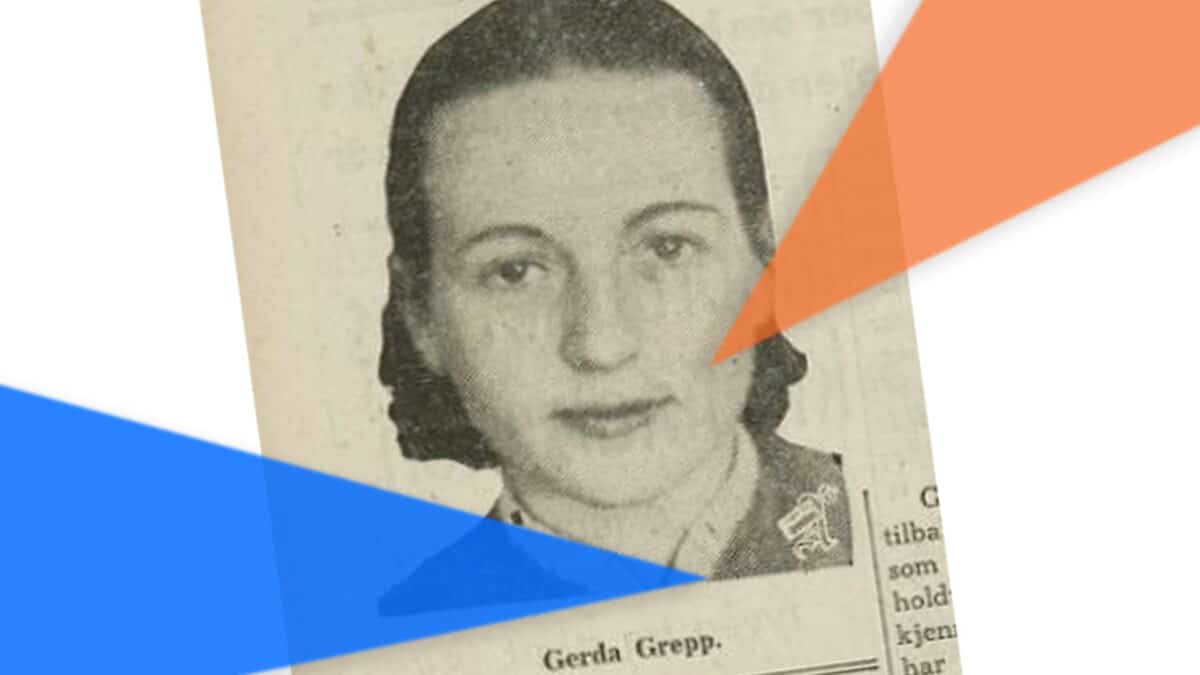 Illustrasjonsbilde. Svart-hvitt bilde av ansiktet til Gerda grepp, klippet ut av avis. Hun har mørkt kort hår som er gredd tilbake, ser rett inn i kamera. En blå trekant nederst på venstre side, og en oransje trekant på høyre side er grafiske elementer i bildet. 