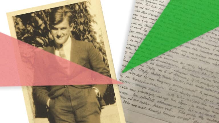 Illustrasjonsbilde i form av kollage av podkastepisode om Odd Nansen. Gulnet svart hvitt-bilde av en ung Odd Nansen i dress. Ser smilende inn i kamera. Dagboksside, tett løkkeskrift. En rosa og en grønn dekorativ trekant oppå fotografiet av Odd og dagboksiden.