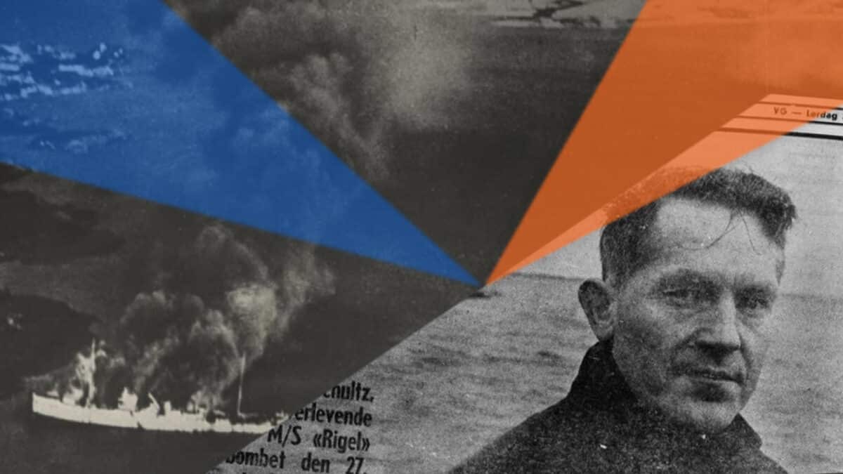 Illustrasjonsbilde til Gamle greier episode om matrosen Asbjørn Schultz. På venstre del av bilde er et svart-hvitt bilde av et skip i brann. På høyresiden av bildet et bilde av ansiktet Asbjørn tatt i 1969. Grafiske, dekorative elementer i bildet. En blå, delvis gjennomsiktig trekant på høyre siden, og en oransje, delvis gjennomsiktig trekant på høyresiden av bildet.