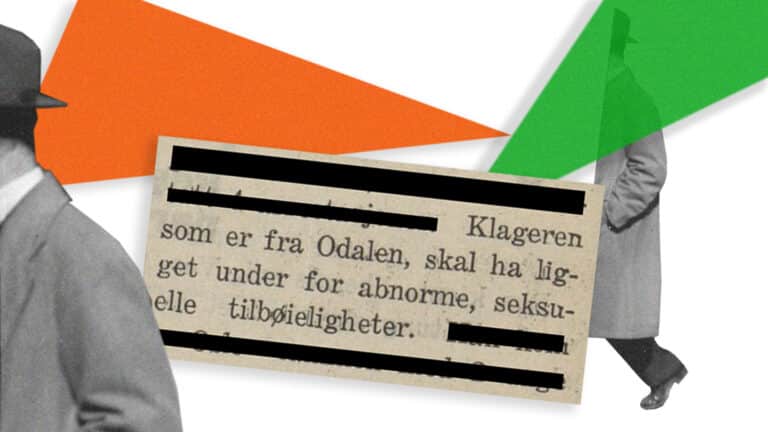 Illustrasjonsbilde. På høyre siden er et beskåret bilde av en mann med hatt og frakk. Ser bare halvparten av mannen. Midt i bildet er et avisutklipp hvor enkelte setninger er dekket over av sorte striper. Det som er lesbart er: Klageren som er fra Odalen, skal ha ligget under for abnorme, seksuelle tilbøieligheter. Til høyre i bildet er det enda et beskåret bilde av en mann i dress og hatt hvor man også bare ser halve figuren. På høyre siden av bildet er det en grønn trekant, på høyresiden en oransje trekant. Dette er dekorative elementer i illustrasjonsbildet.