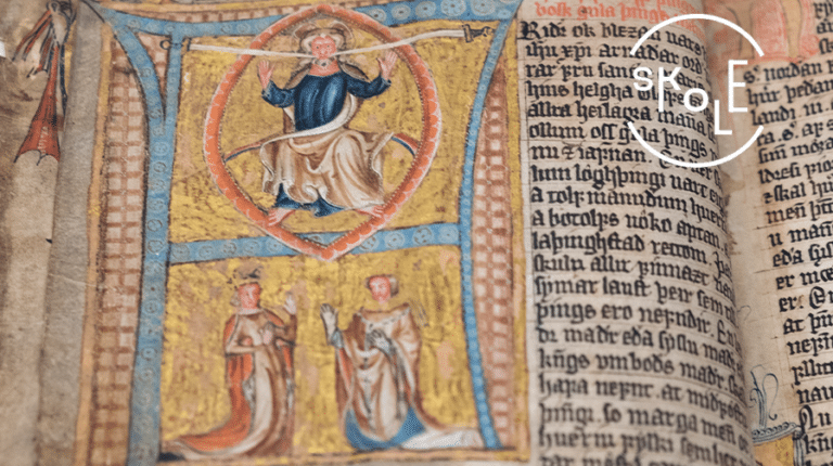 Illustrasjon fra Codex Hardenbergianus. Gud med to sverd. Tre skikkelser. En gudeskikkelse i topp. To skikkelser under. Kjortelkledde.