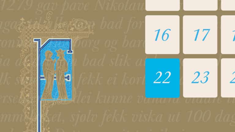 Tekst fra Nasjonalbibliotekets julekalender. Gullbakgrunn. Illuminasjoner i gull og sølv og turkis.