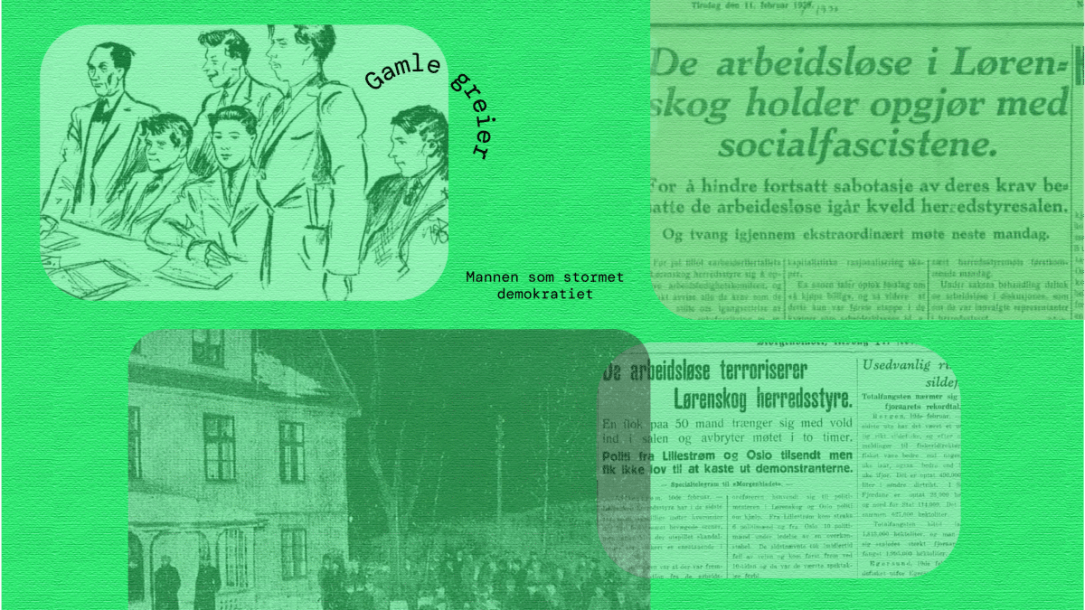 Illustrasjonsbilde til podkasten Gamle greier. Sort tekst på grønn bakgrunn: Mannen som stormet demokratiet. Avisutklipp og illustrasjon av rettssak.