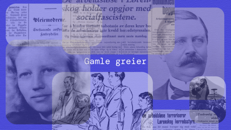 Forsidebilde til podkasten Gamle greier. Bildet viser utklipp fra avis, samt to svart/hvitt-bilder av en mann og en kvinne. Illustrasjon fra rettssak. Teksten Gamle greier er hvit på blå bakgrunn.