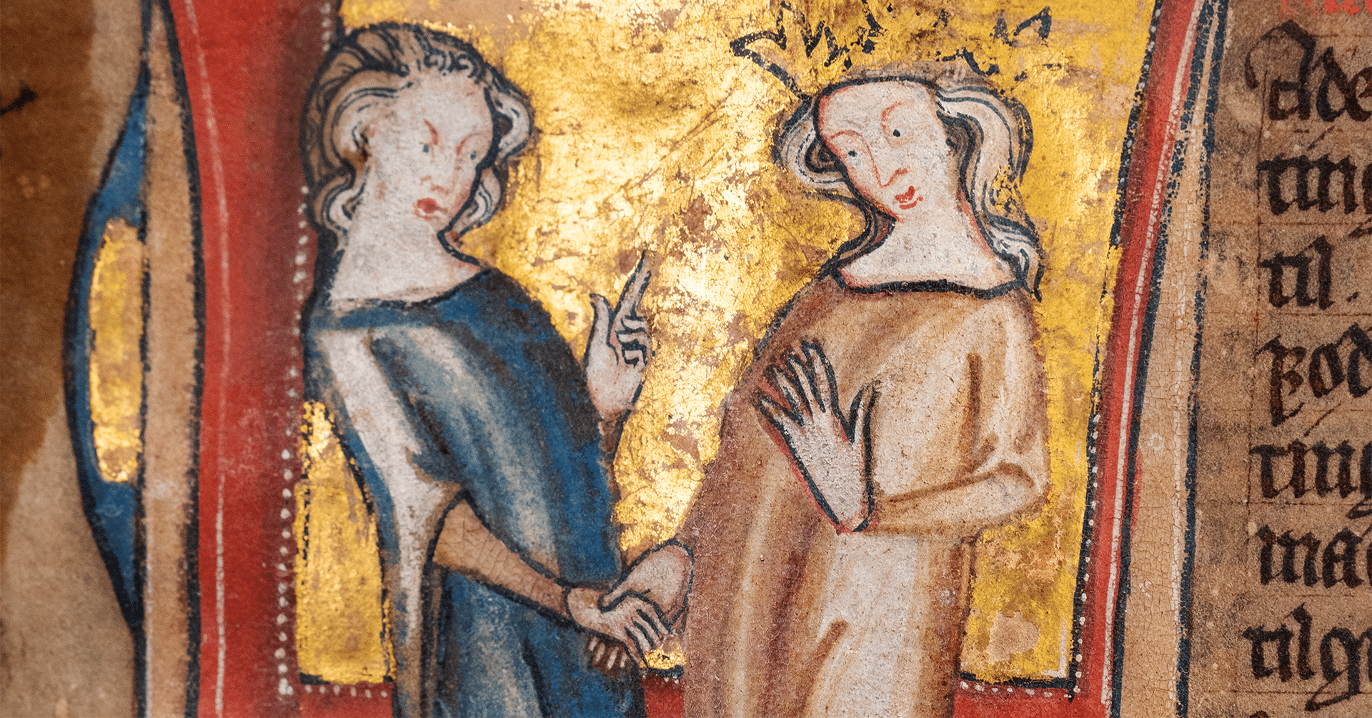 En mann og en kvinne holder hender. Mannen har krone på hode og gullfarget kjortel. Kvinnen blå kjole.