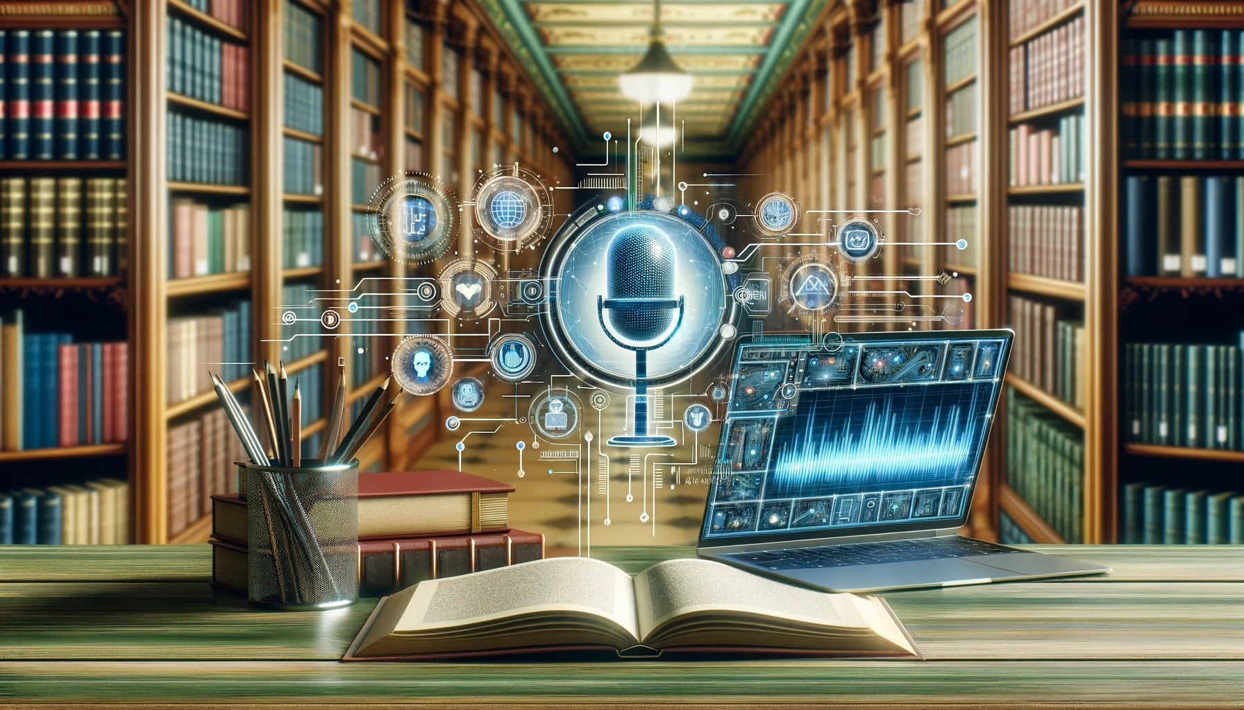 En AI- illustrasjon som viser en mikrofon i et bibliotek, omkranset av bøker og blyanter