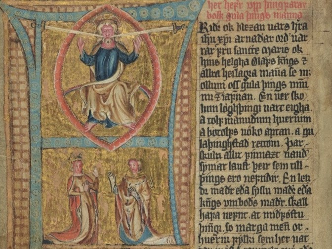 Bildet viser en del av siden fra manuskriptet Codex Harderbergianus med illuminasjon, hvor øvre del fremstiller Gud med to sverd i hendene. I den nedre delen av illustrasjonen kneler kongen og biskopen for Gud.