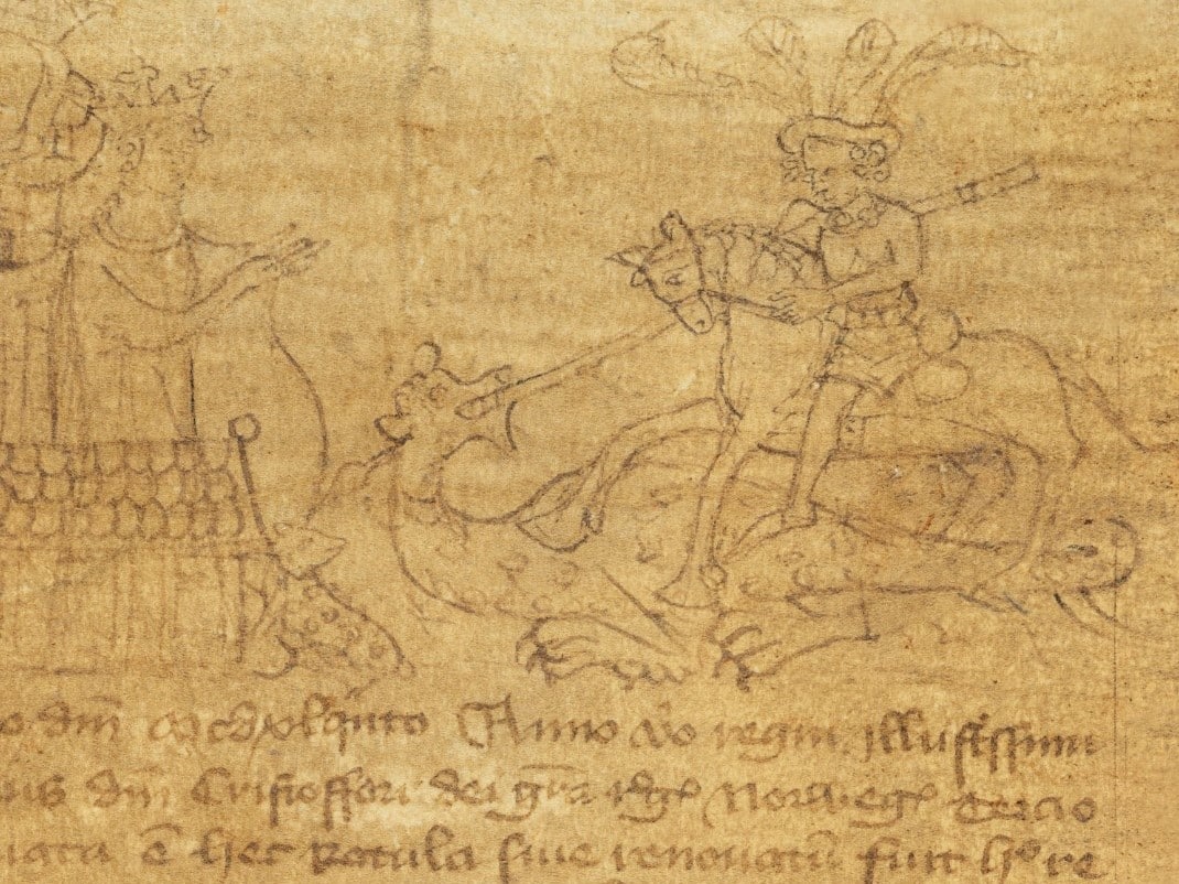 Bildet viser en del av siden til et middelalderdokument med illustrasjonen som fremstiller på den ene siden kongen som sitter på tronen. På den andre siden er det Saint George på en hest mens han dreper en drage.