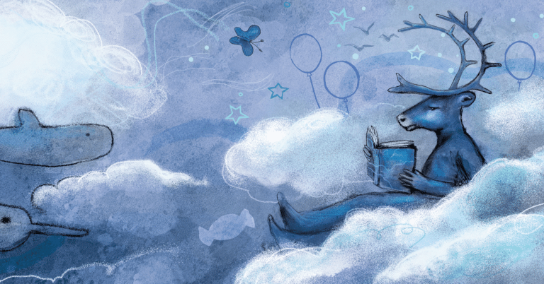 et reinsdyr ligger på skyer og leser en bok, omgitt av skyer, sommerfugler og narhvaler