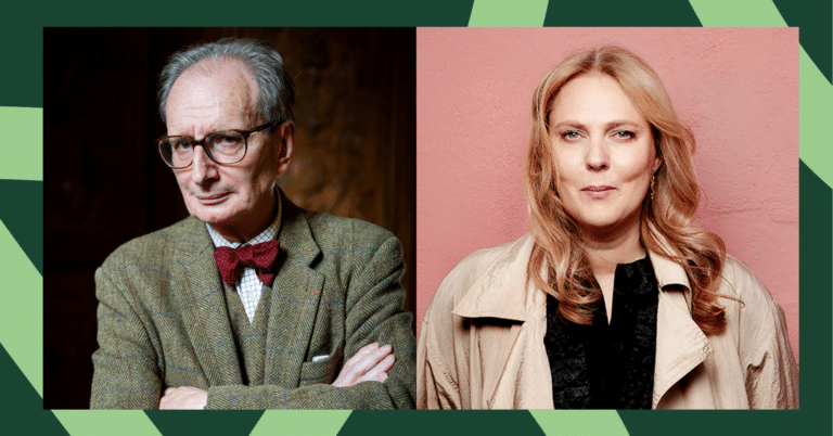 En eldre mann i tweed og tversoversløyfe, og en kvinne med langt hår og rosa bakgrunn