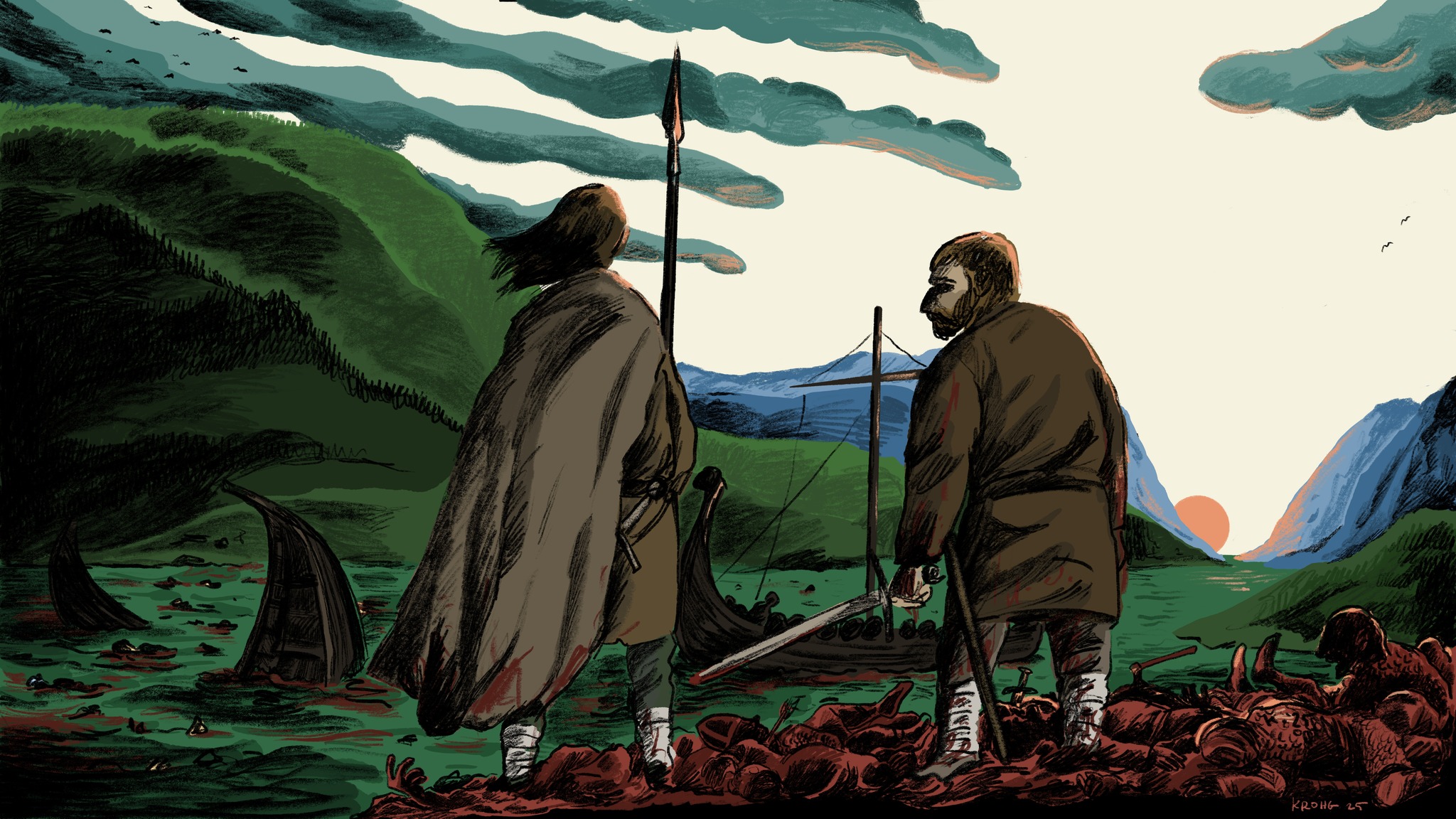 Illustrasjon av to skikkelser som står på en blodig slagmark omgitt av fjorder og grønne daler. De har blodige kapper, og den ene holder et sverd mens den andre har en spyd. De står på rester av en voldsom kamp, døde mennesker ligger under dem. De ser ut på fjorden. Der ligger flere vikingskip sunket i vannet. I horisonten skimtes en rød sol som går ned mellom blå fjell under en dramatisk himmel med mørke skyer.