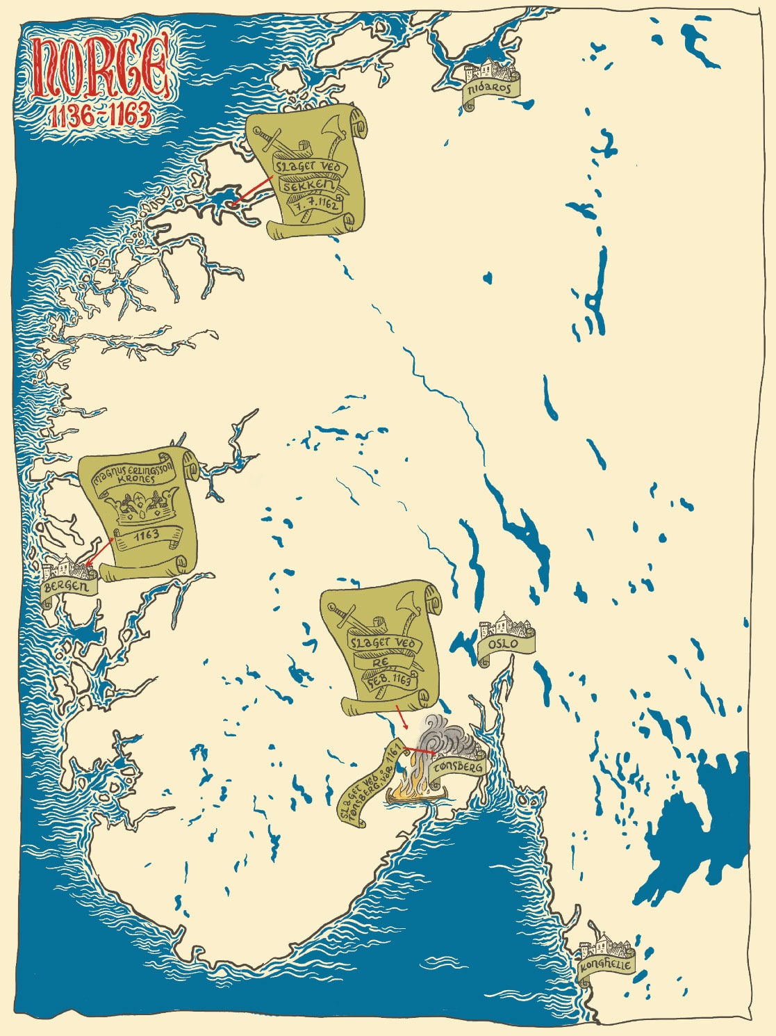 Illustrasjon av Norge mellom 1136 og 1163. Kartet viser Nidaros, Bergen, Oslo og Tønsberg. Blå bakgrunn, hvitt landskap.