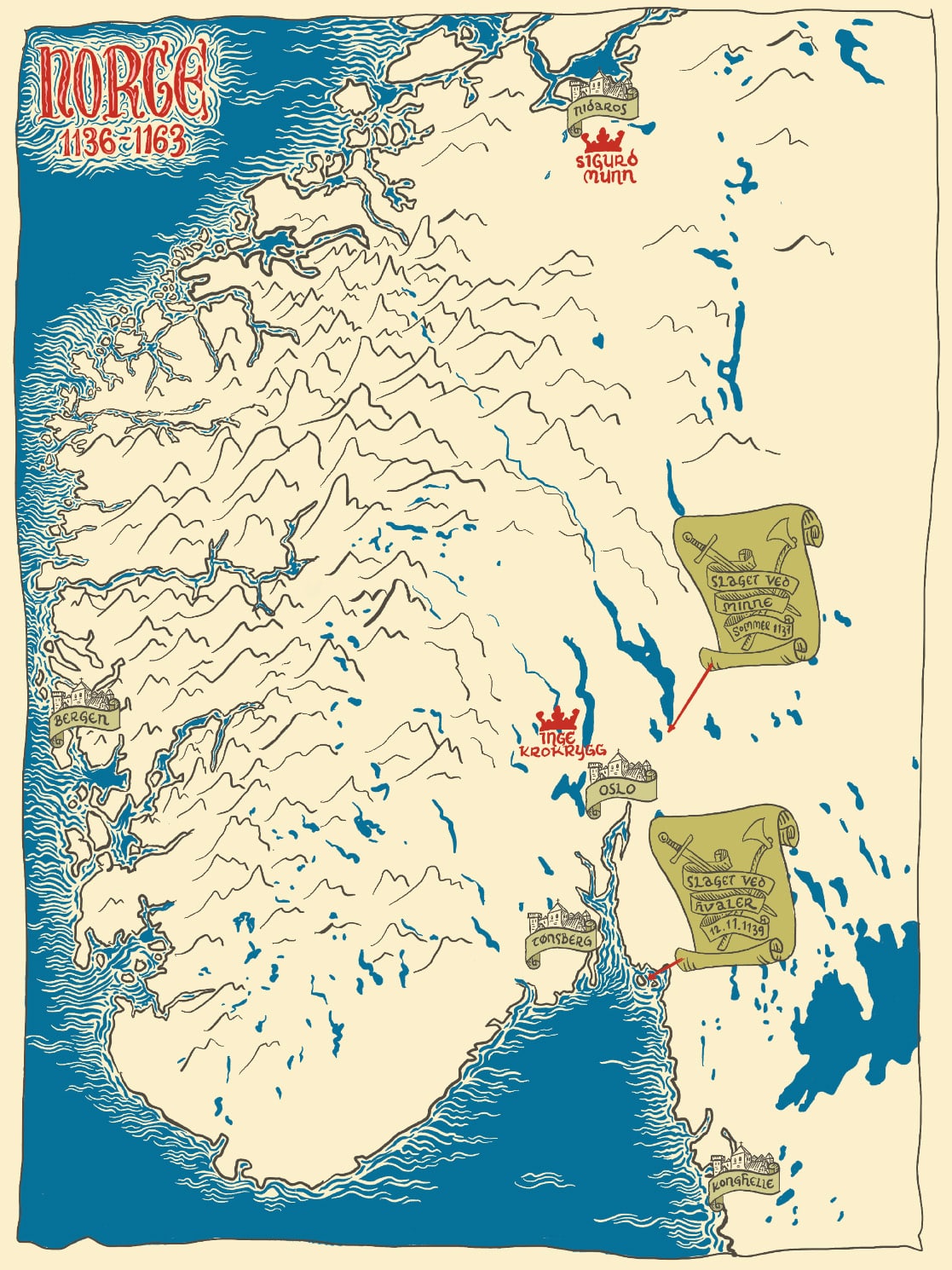 Illustrasjon av Norge mellom 1136 og 1163. Kartet viser Nidaros, Bergen, Oslo og Tønsberg. Blå bakgrunn, hvitt landskap. 