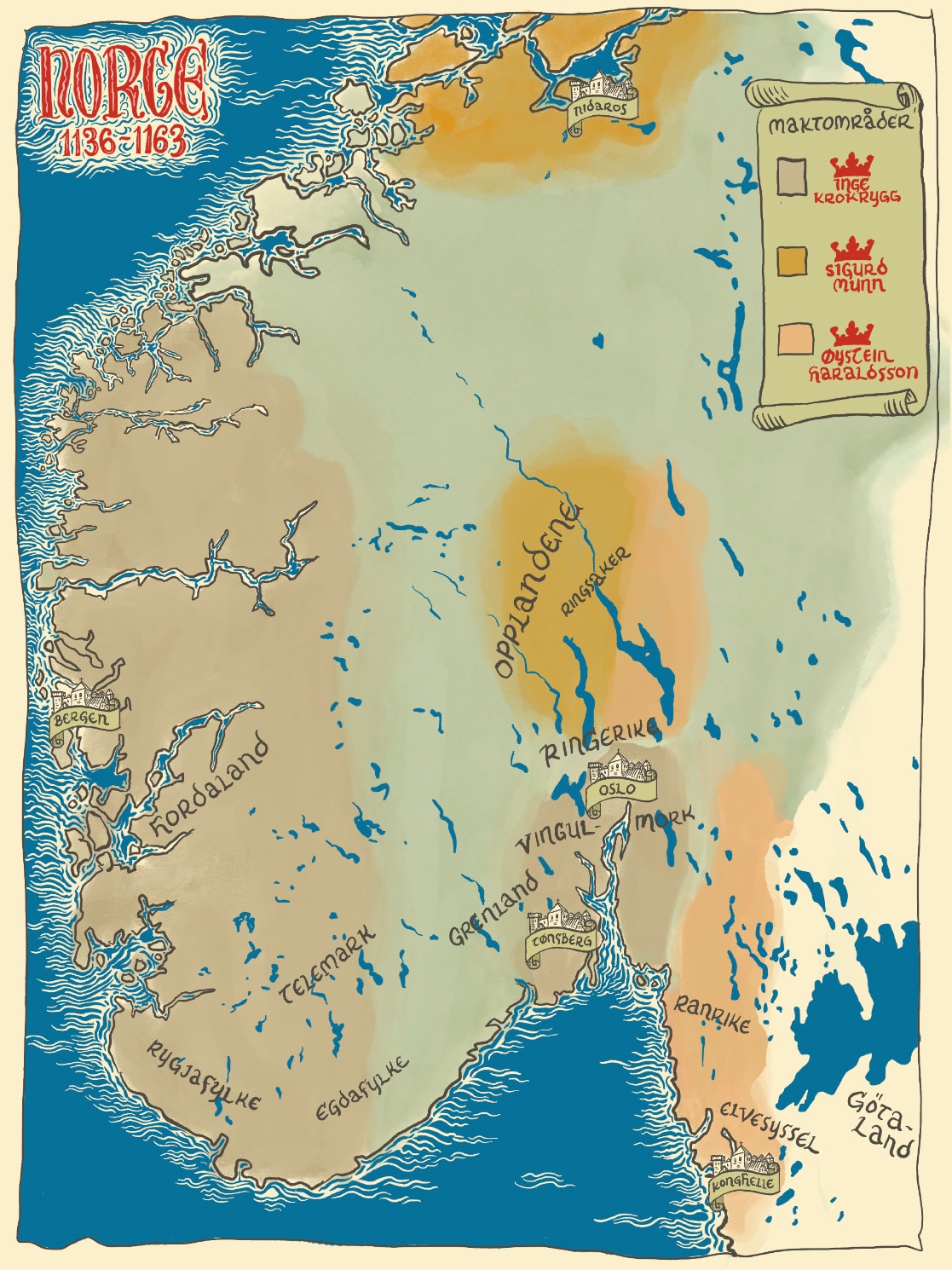 Illustrasjon av Norge mellom 1136 og 1163. Kartet viser Nidaros, Bergen, Oslo og Tønsberg. Men også Ringerike og Hordaland mm. Blå bakgrunn, hvitt landskap. 