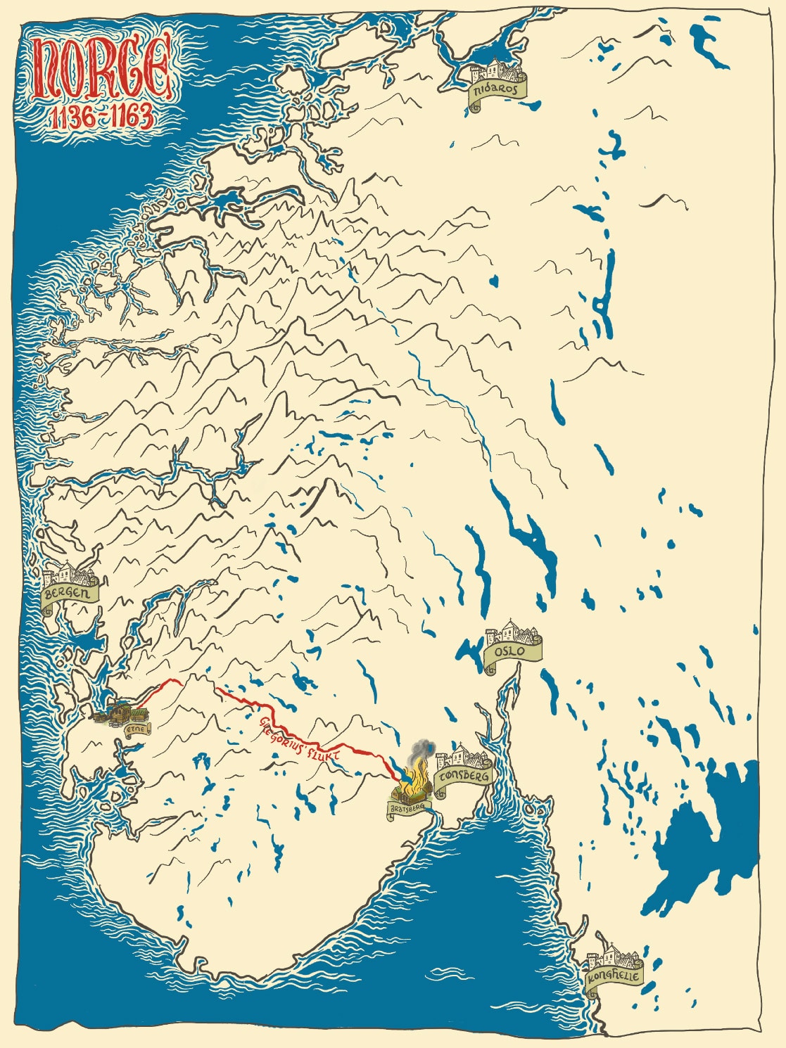 Illustrasjon av Norge mellom 1136 og 1163. Kartet viser Nidaros, Bergen, Oslo og Tønsberg. Blå bakgrunn, hvitt landskap.