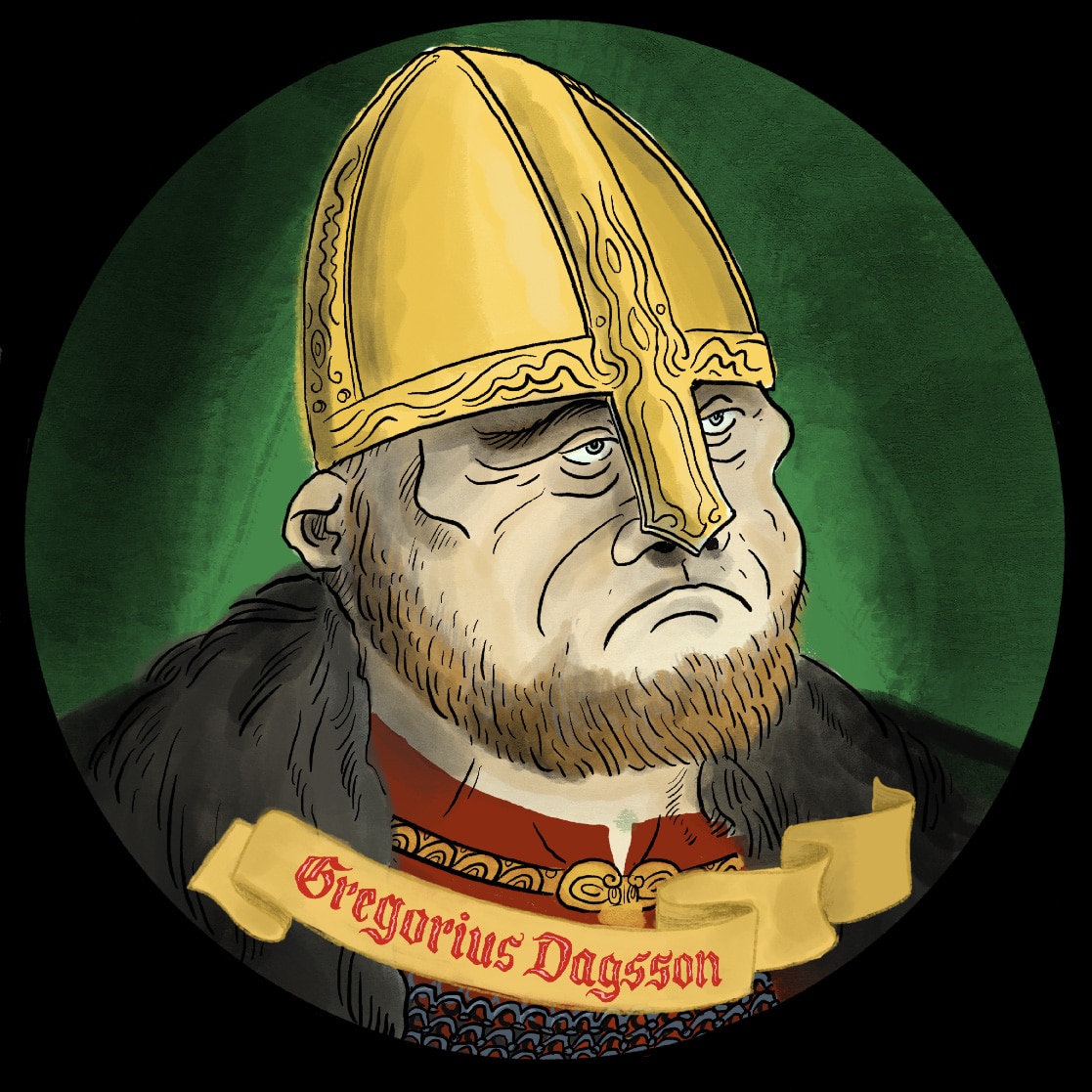 Illustrasjon av middelalderhøvdingen Gregorius Dagsson. Gullhjelm som deler nese. Rødlig skjegg. Rød kjortel og pelskappe.