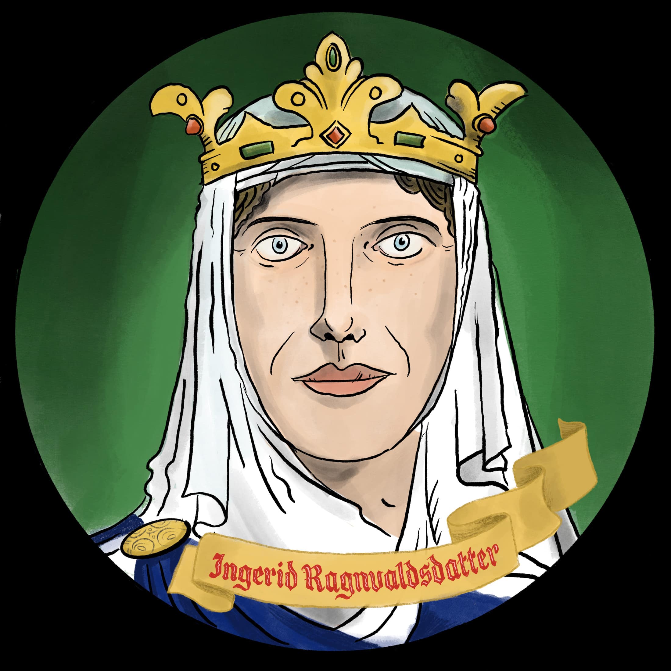 Illustrasjon av den norske middelalderdronningen Ingerid Ragnvaldsdatter. Gullkrone med edle stener i rødt og grønt. Hvitt slør rundt hodet. Blå øyne.