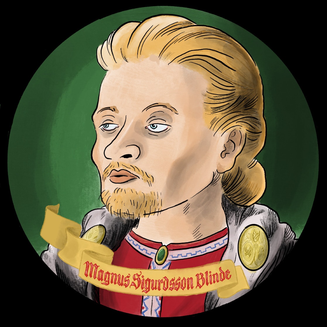 Illustrasjon av den norske middelalderkongen Magnus Sigurdsson Blinde. Blond sleik. Spiss nese. Lyst skjegg og bart. Rød kjortel og sølvkappe med brosjer.