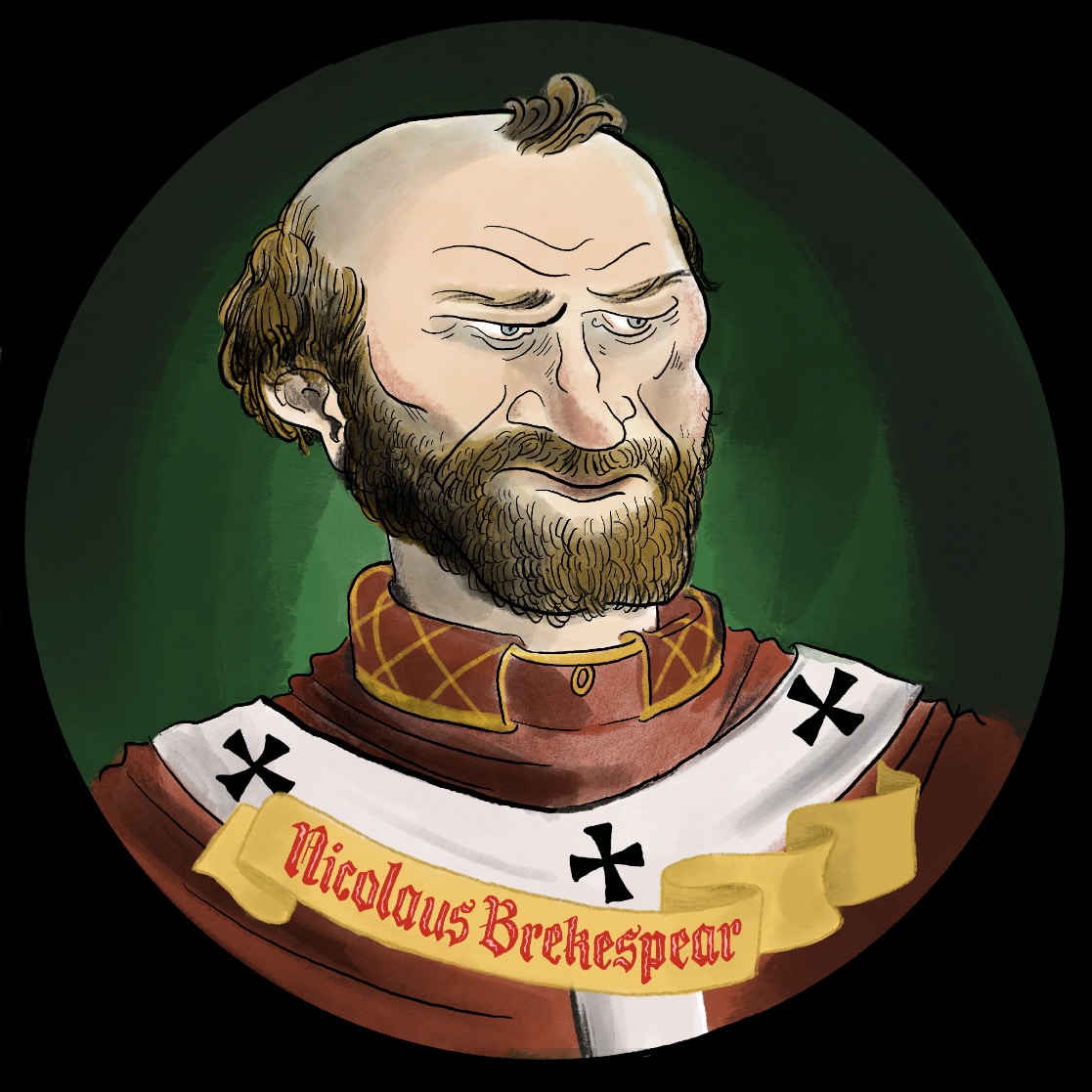 Illustrasjon av den engelske geistlige Nicolaus Brekespear. Brunt hår og skjegg. Skeptiske øyebryn. Rød kjortel med hvite slag.