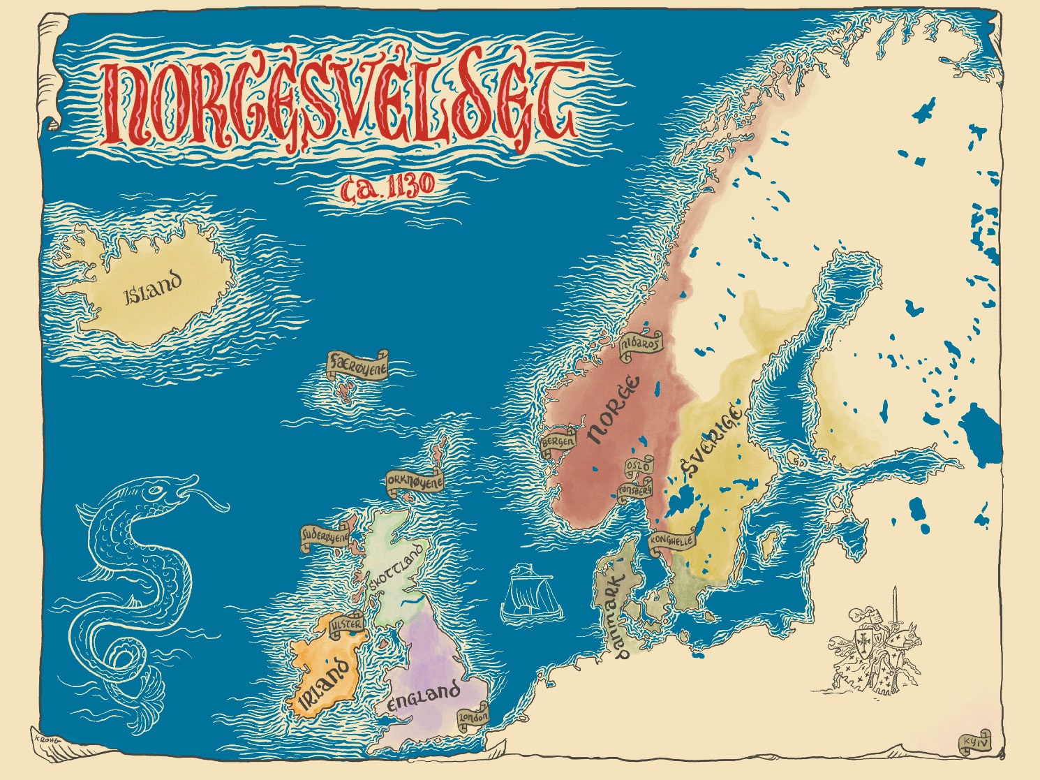 Illustrasjon. Kart over Norgesveldet ca. 1130. Blått hav. Kartet viser Norge, Sverige, Danmark, Skottland, England, Irland, Færøyene, Orknøyene, Suderøynene og Island.