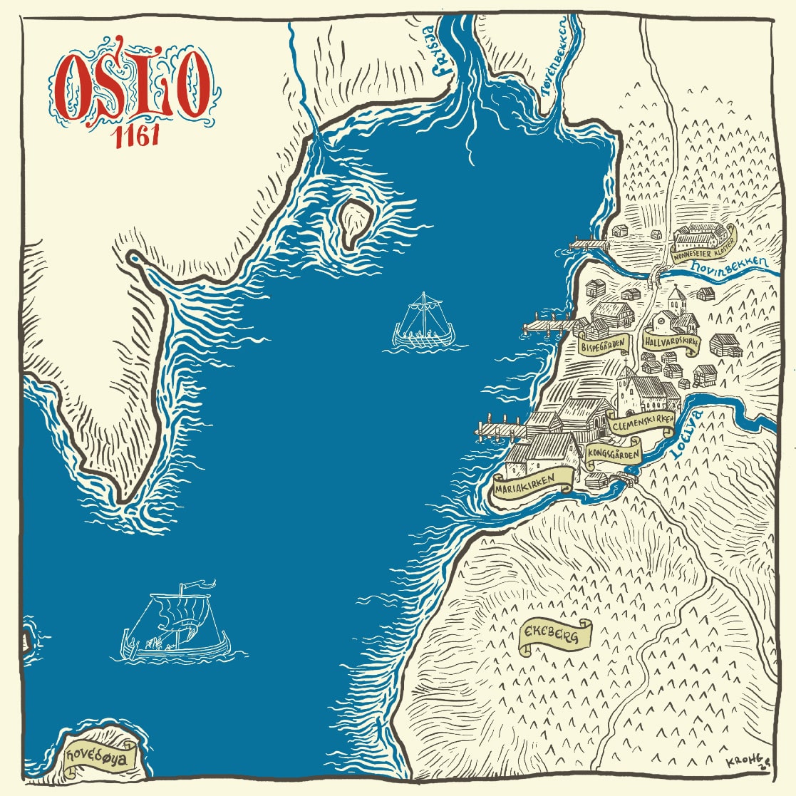 Illustrasjon. Kart over Oslofjorden og omegn år 1161. Blått hav.
