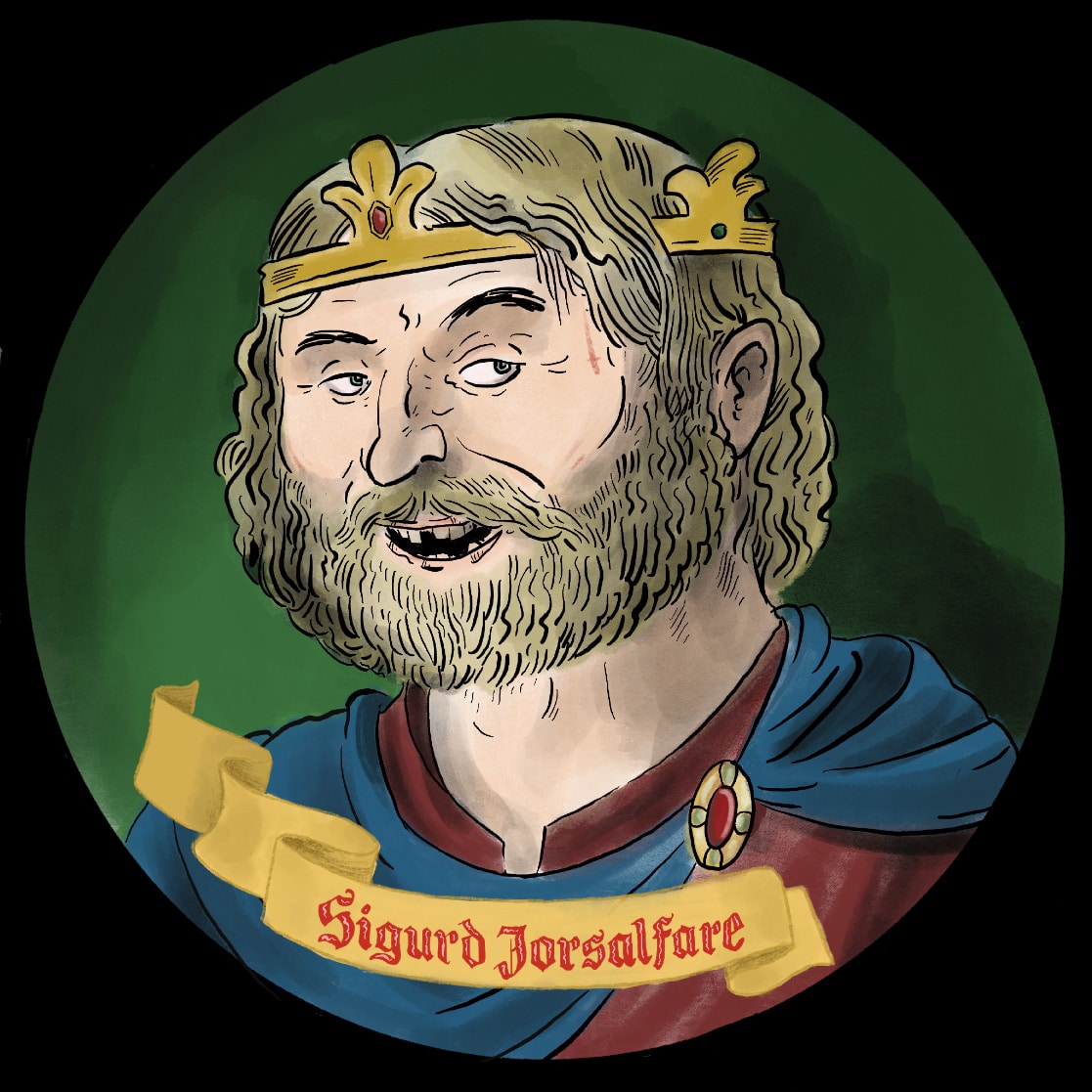 Illustrasjon av middelalderkongen Sigurd Jorsalfare. Gullkrone og blondt hår. Manglende fortann. Rød kjortel med blå kappe over. Brosje.