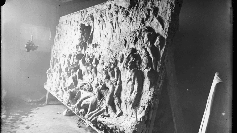 Et fotografi av relieffet «Helvete» av Gustav Vigeland. Stor leireflate med utstikkende menneskefigurer. En særlig fremtredende figur i midten som ser ut som en tenkende mann, med hodet i hendene.