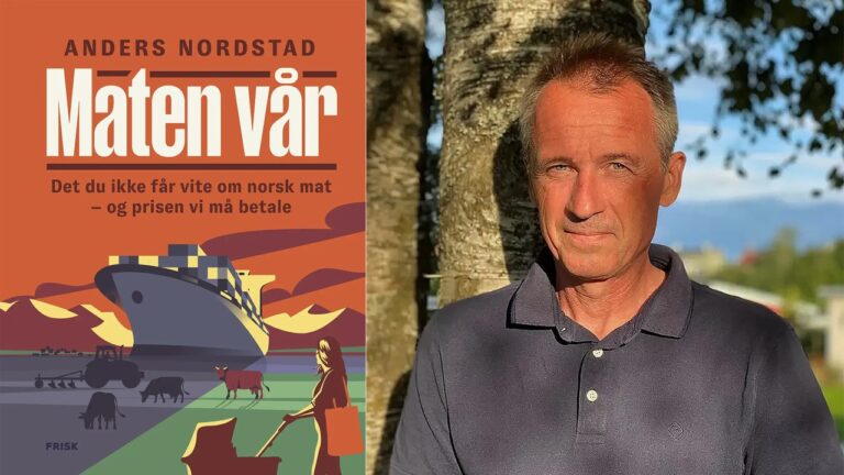 Bokomslag til høyre viser et skip bak norsk landskap med kyr på beite, fjell og en som går tur med barnevogn. Portrettfoto av forfatter i sommervær, foran trær og blå himmel