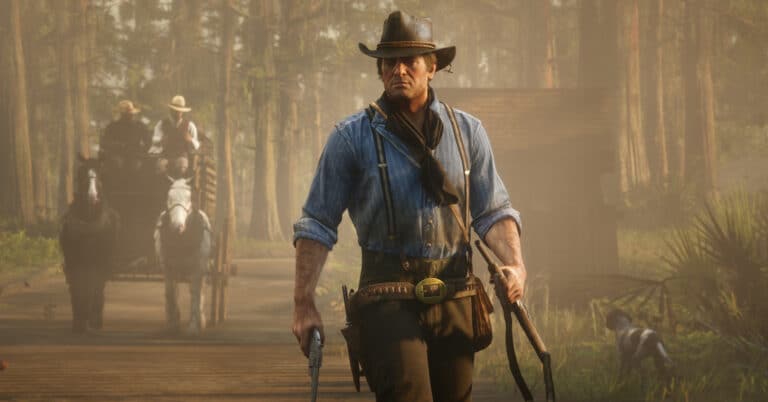 En mann i blå skjorte, cowboyhatt og flere våpen. Ser veldig hardbarka ut.