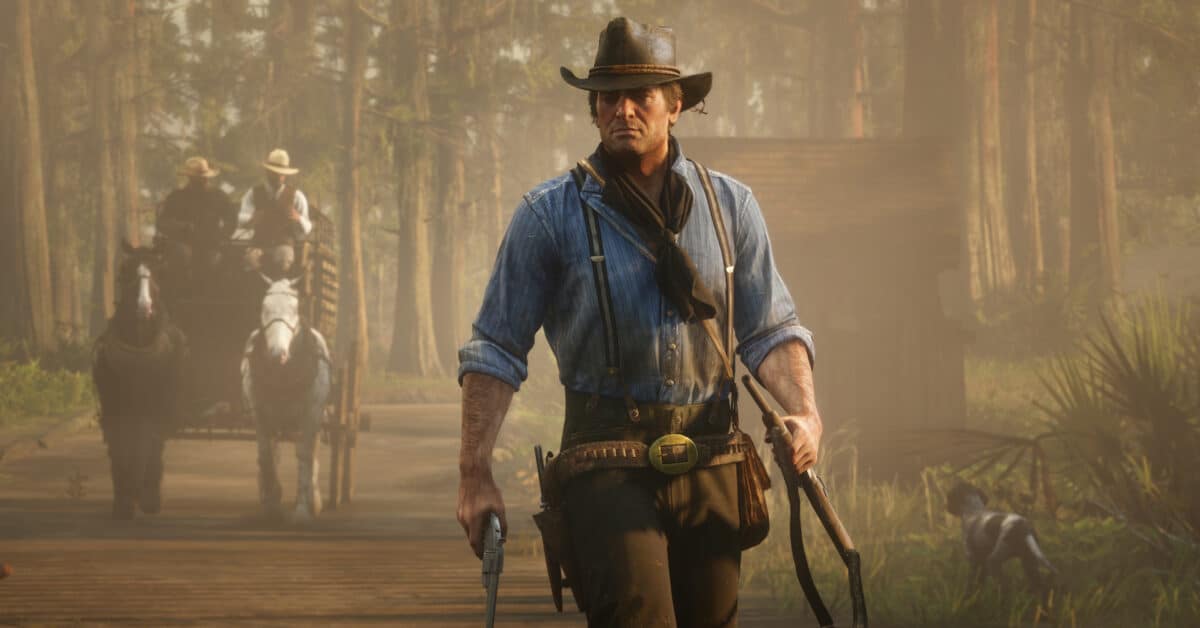Hvit cowboy med cowboyhatt, brune bukser og lasso. Still fra spillet Red Dead Redemption.
