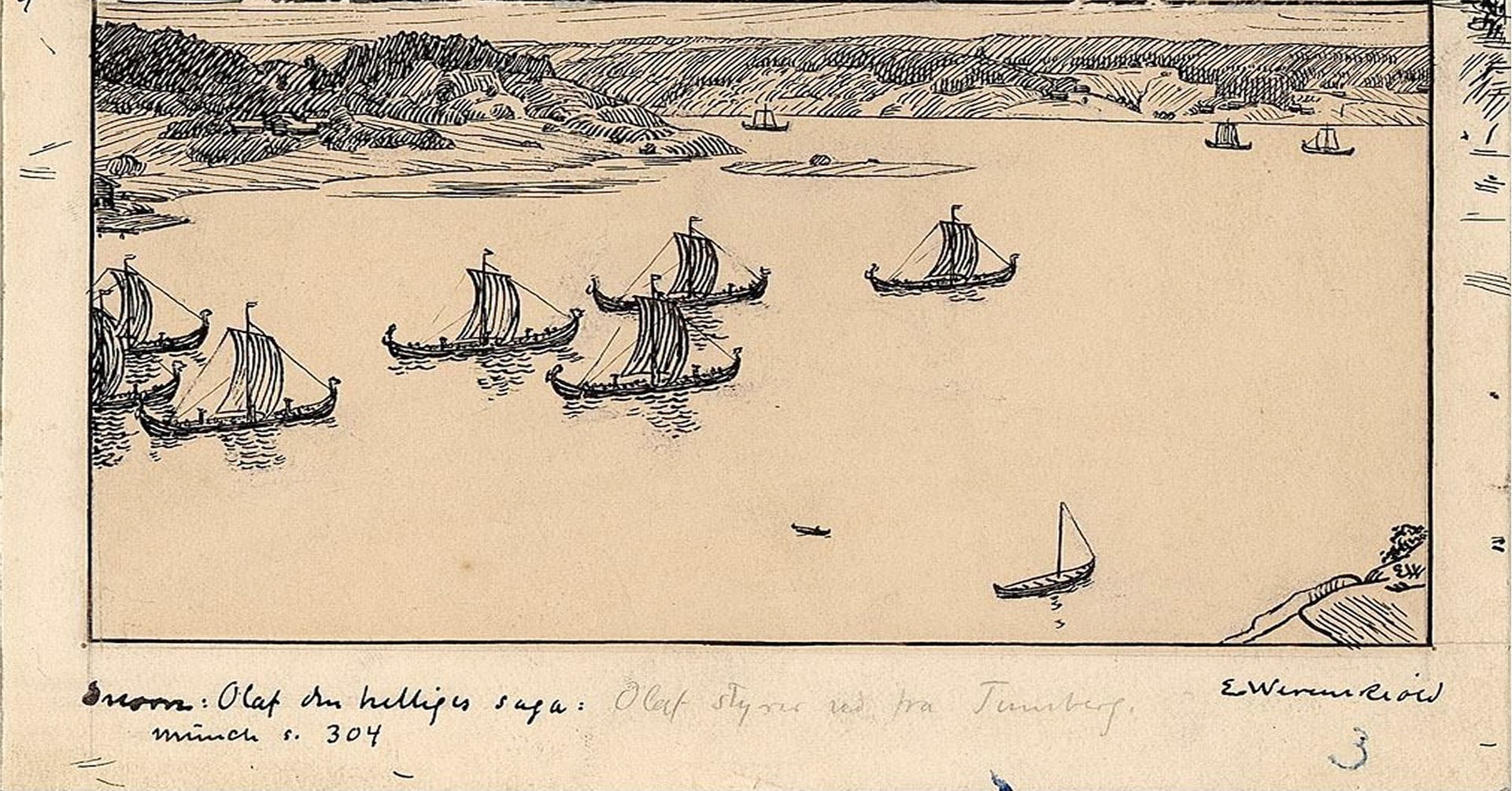 Tegning av flere skip på vei ut fra en kystby