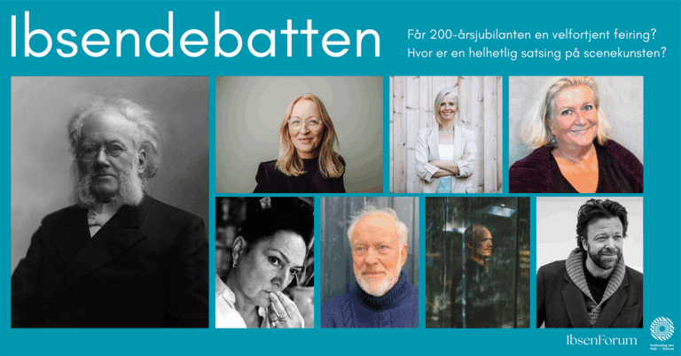 bilde av forfatter Henrik Ibsen på venstre side, portrett av menn og kvinner ved siden av. Blå bakgrunn.