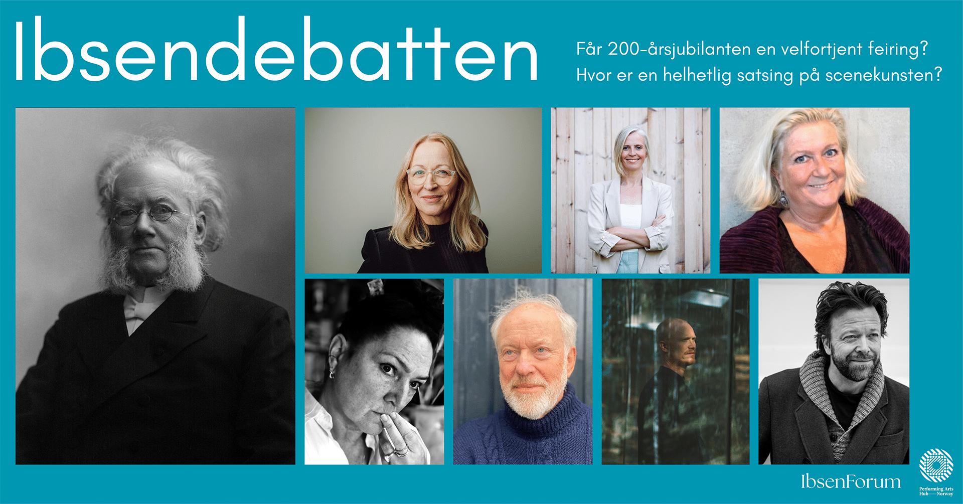 bilde av forfatter Henrik Ibsen på venstre side, portrett av menn og kvinner ved siden av. Blå bakgrunn.